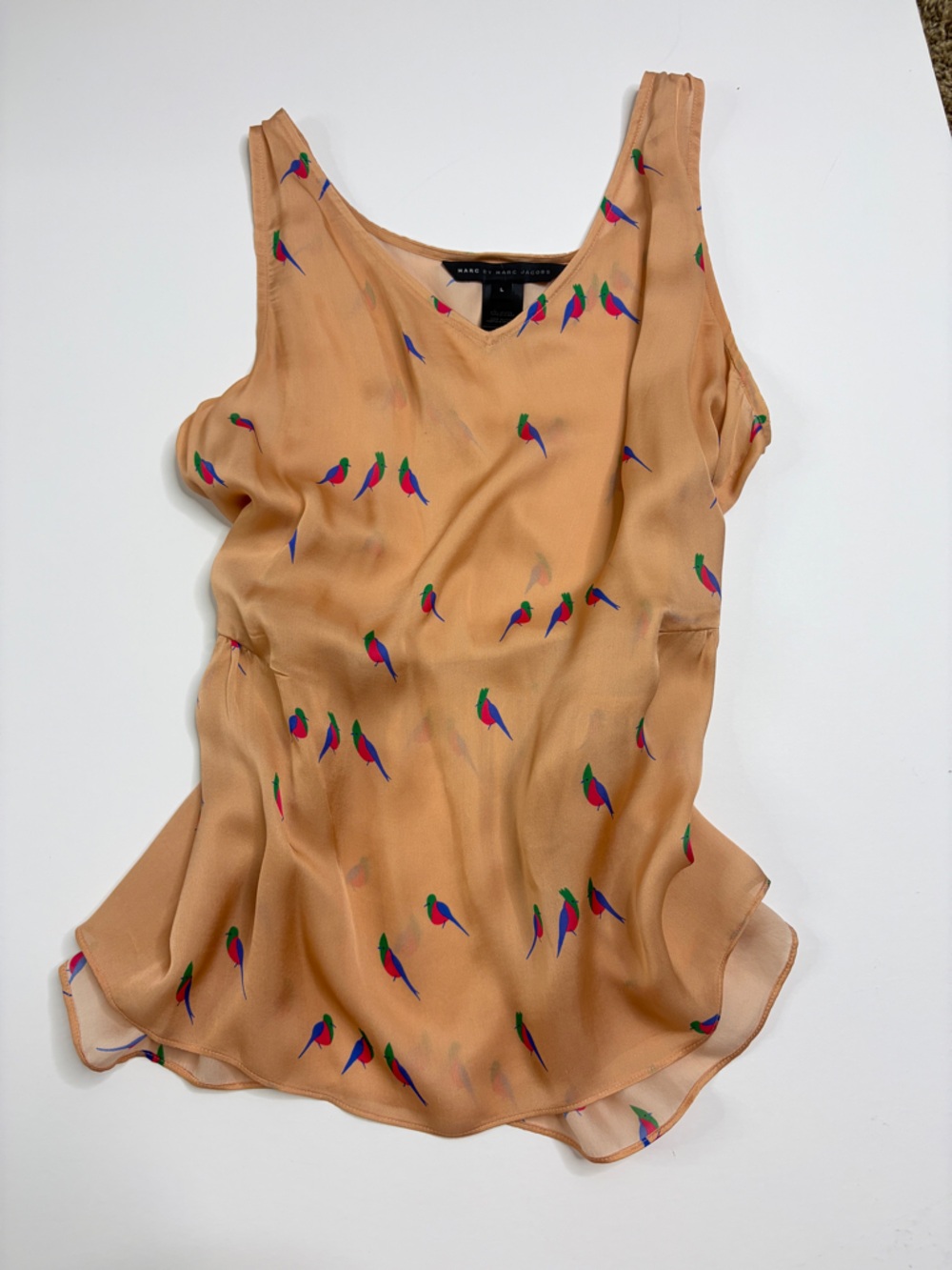 Marc by Marc Jacobs Tan Silk Blouse with Multicolor Bird Print